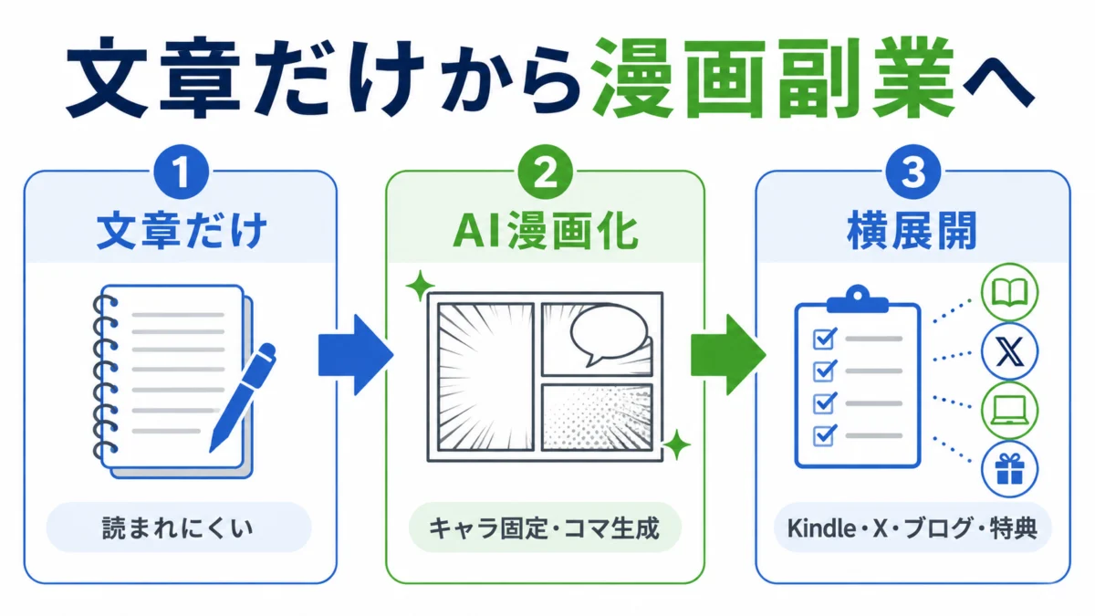 文章だけの副業からAI漫画化し複数媒体へ横展開する流れ